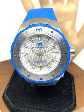 Technomarine Men's Watch TM-215081 Automatic Silver Dial Blue Rubber Strap 47mm